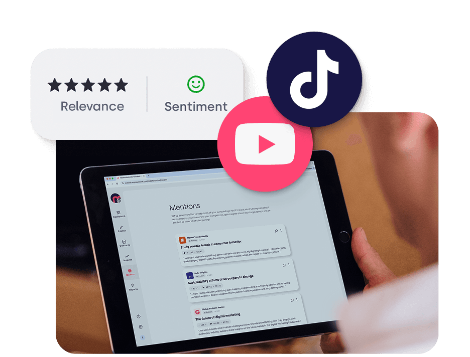 A person is holding a tablet displaying a dashboard with mentions and analytics. Around the screen are icons for TikTok and YouTube, as well as indicators for relevance and sentiment.