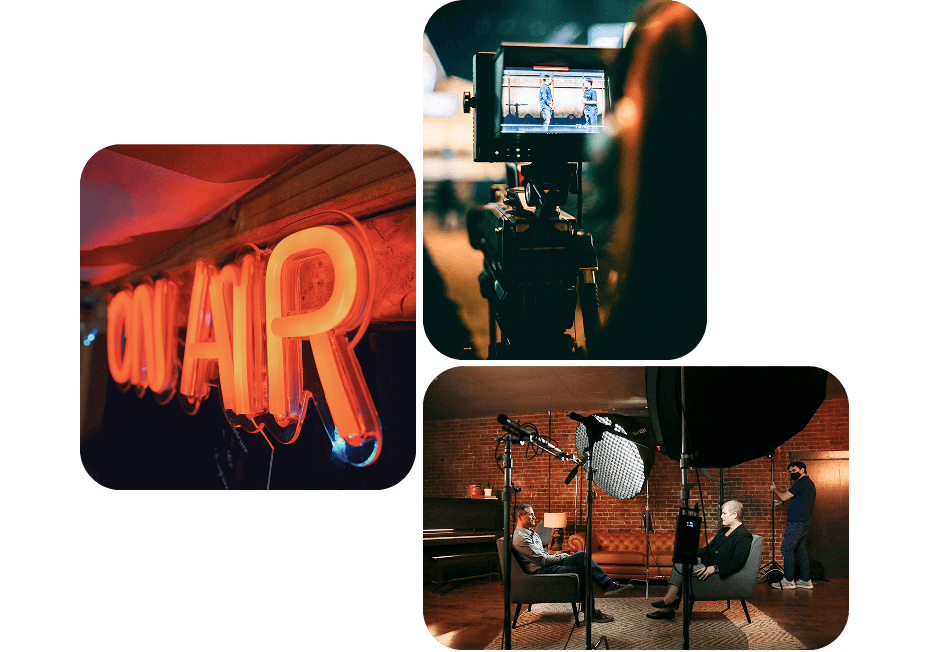 Images showing a podcast recording and a recording studio with microphones and audio equipment.