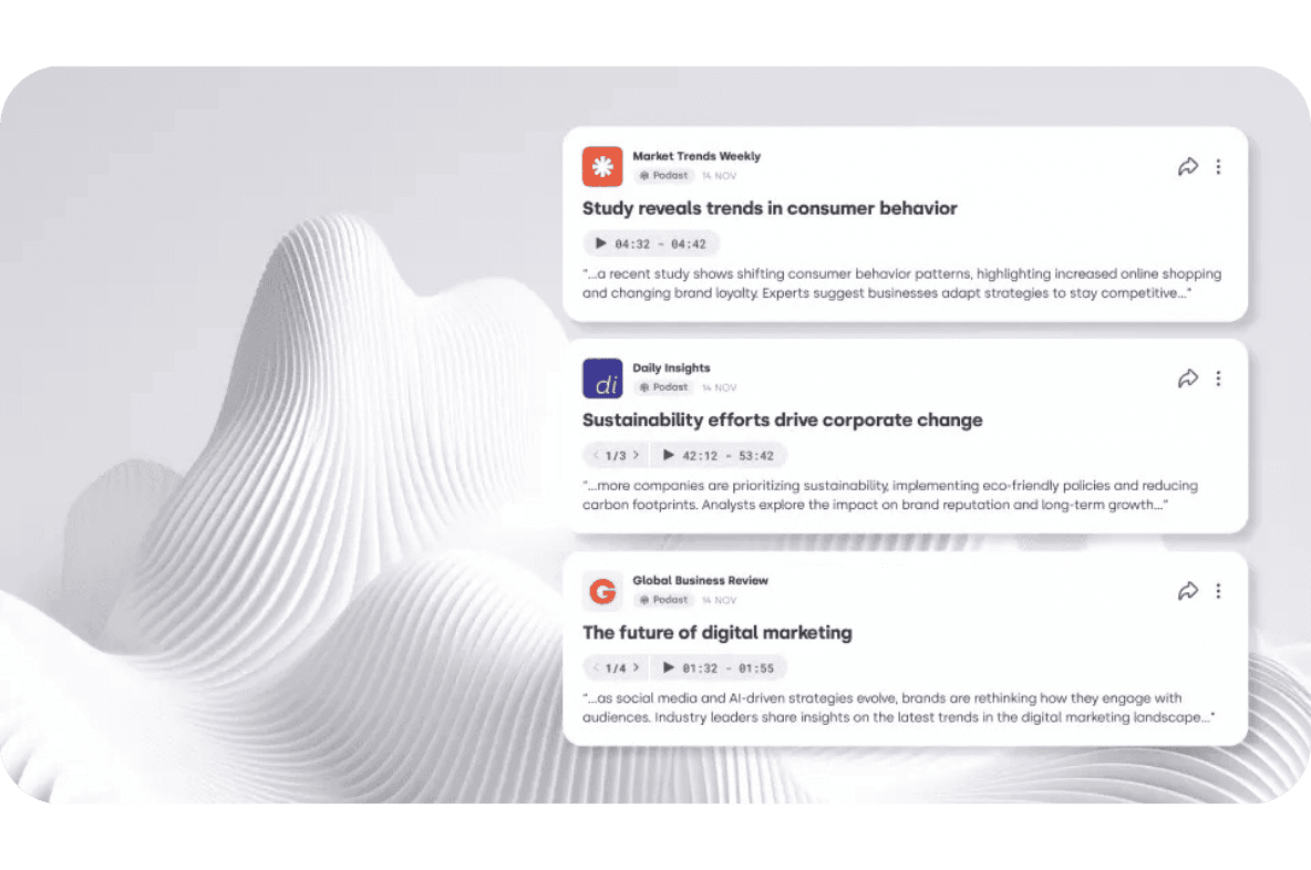 Examples of podcast mentions displayed in Mynewsdesk’s dashboard, showing AI-analyzed clips and transcripts from programs about consumer trends, sustainability, and digital marketing.