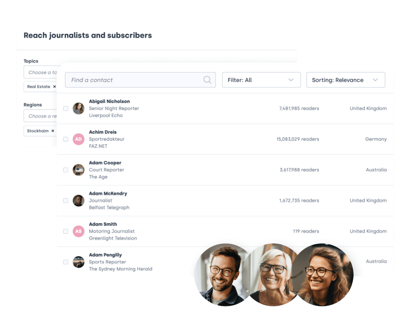 An image of the interface of Mynewsdesk showing the audience builder function to find journalists