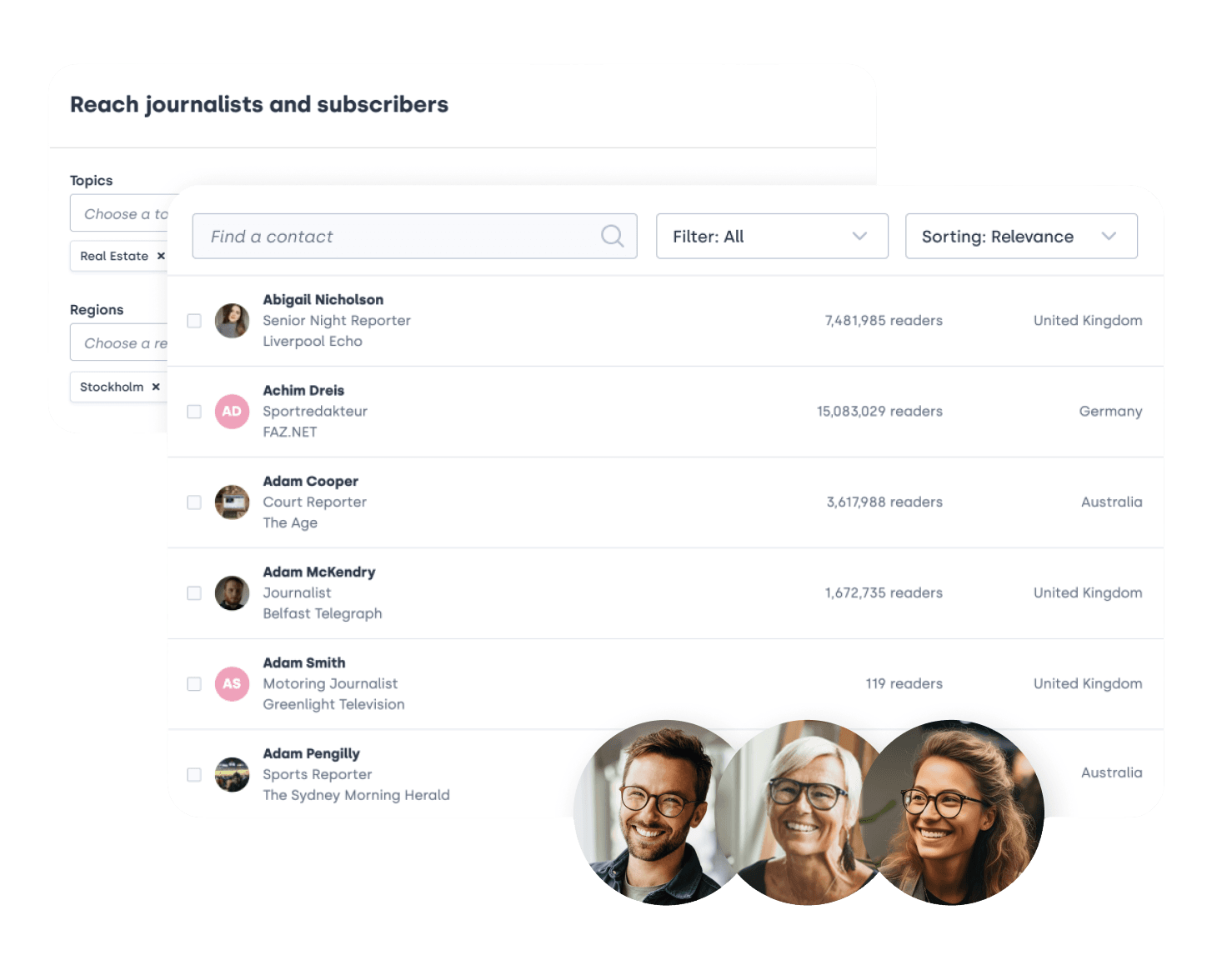 An image of the interface of Mynewsdesk showing the audience builder function to find journalists