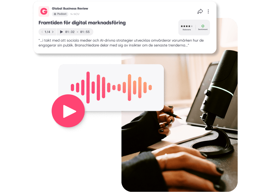 En person pratar i en mikrofon under en poddinspelning, med ett digitalt ljudklipp och podden ‘The Future of Digital Marketing’ visad på skärmen.